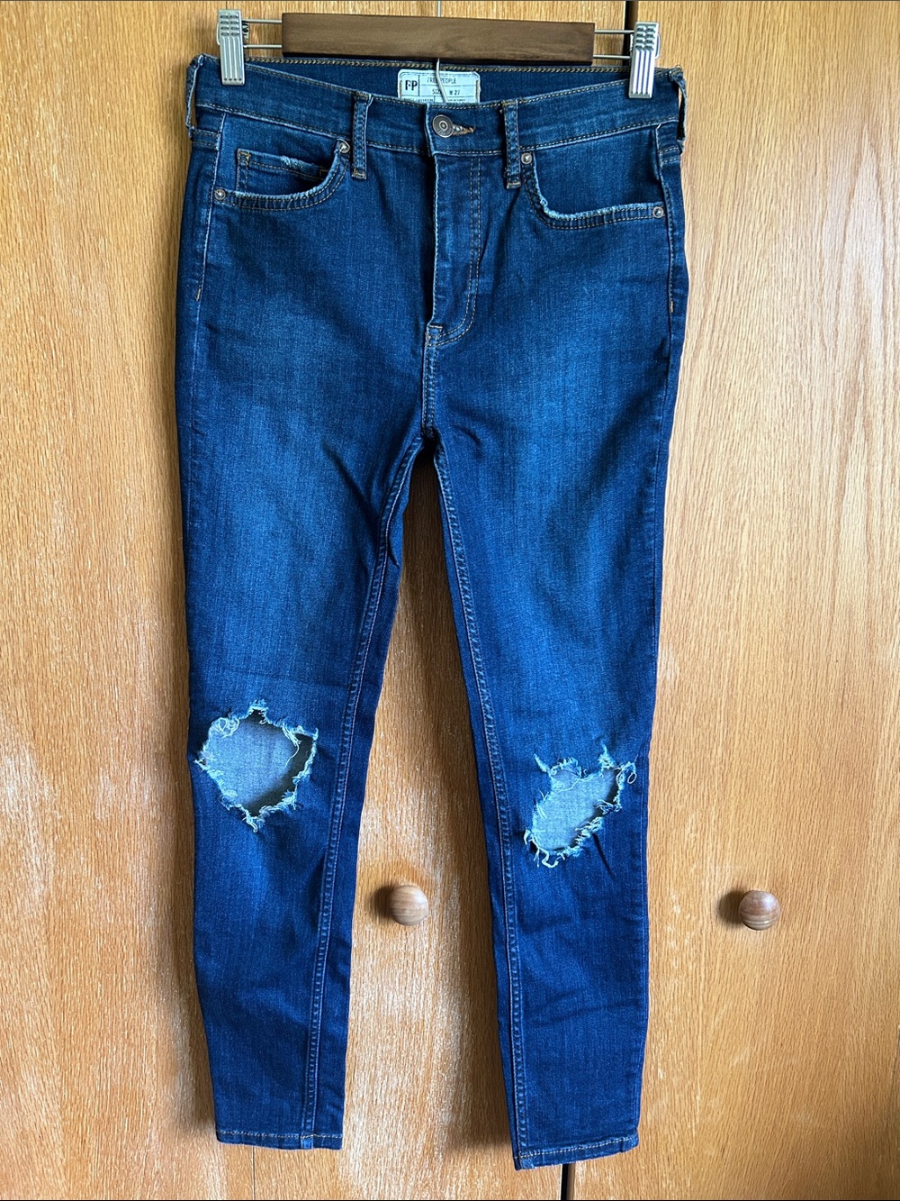 Free People Dark Blue Busted Knee Skinny Jeans